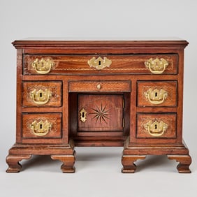 George III Style Diminutive Fruitwood Parquetry Inlaid Mahogany Kneehole Desk