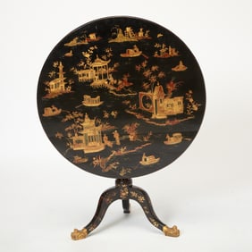 Chinese Export Black Lacquer, Polychrome-Painted and Parcel-Gilt Tilt Top Table