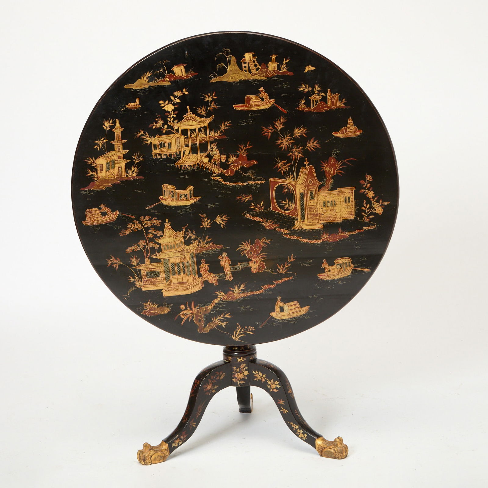 Chinese Export Black Lacquer, Polychrome-Painted and Parcel-Gilt Tilt Top Table: Second quarter, 19th century The circular top decorated with scenes of fishermen and pagodas, tilting above a baluster turned support, on cabriole legs and paw feet. Height 28 3/4 inches (73.2 cm), di