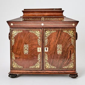 Regency Brass and Mother-of-Pearl Inlaid Rosewood Jewelry Cabinet