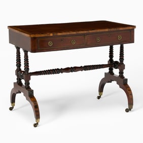 Regency Calamander Banded Mahogany Part-Ebonized Brass-Inlaid Sofa Table