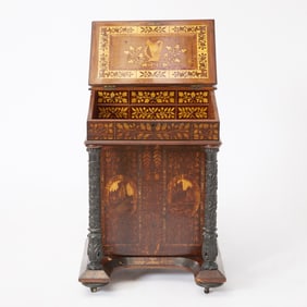 Early Victorian Irish Marquetry-Inlaid Yew Wood Davenport Desk TOGETHER with an associated oak s