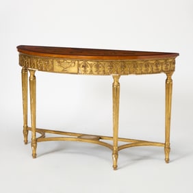 Pair of George III Style Painted Satinwood, Kingwood and Giltwood Demilune Consoles