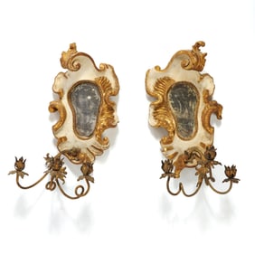Pair of Italian Rococo Parcel-Gilt and Carved Painted Wood Three-Branch Wall-Lights
