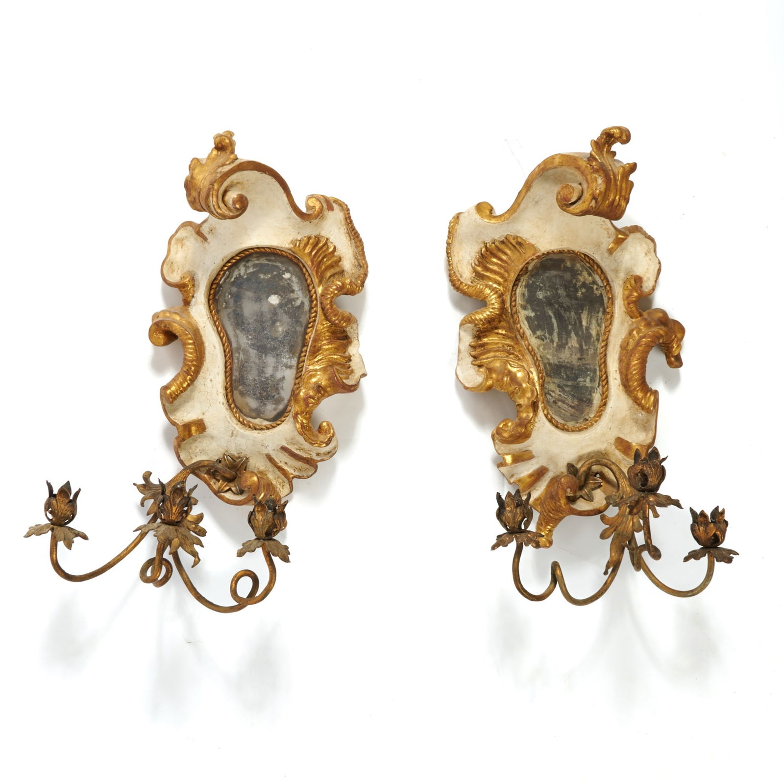 Pair of Italian Rococo Parcel-Gilt and Carved Painted Wood Three-Branch Wall-Lights (1 of 3)
