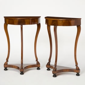 Pair of Italian Neoclassical Ebonized and Walnut Demilune Console Tables