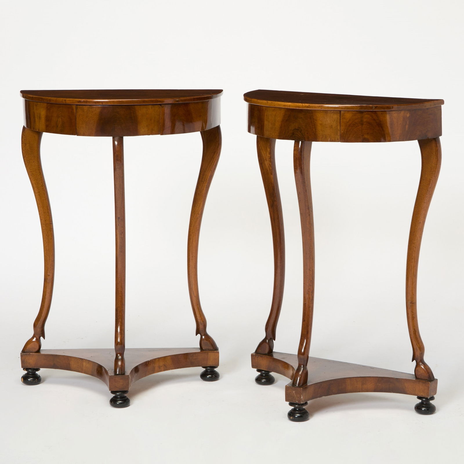 Pair of Italian Neoclassical Ebonized and Walnut Demilune Console Tables (1 of 5)