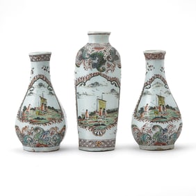 Three-Piece Delft Petit Feu Polychrome Faience Garniture
