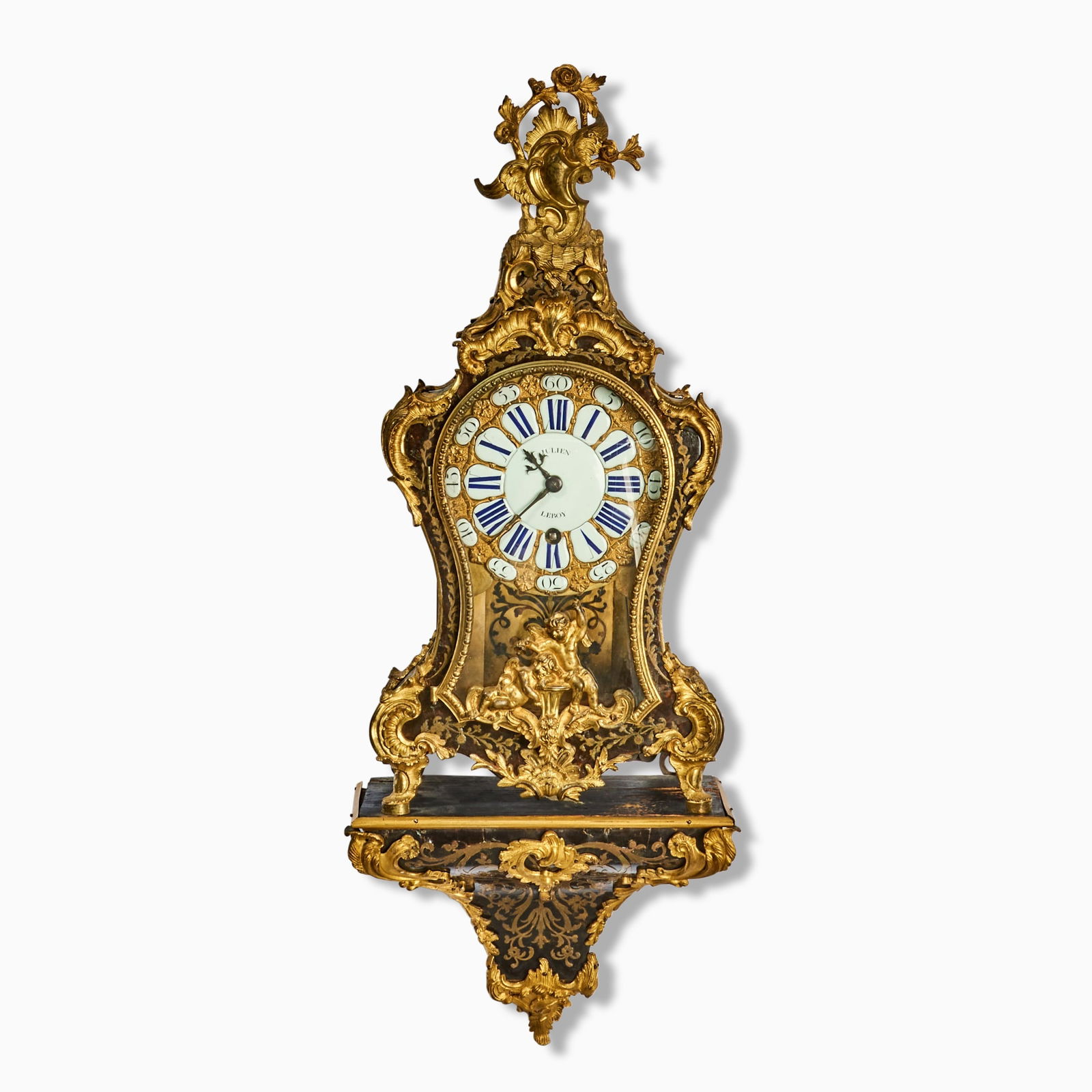 Louis XV Ormolu Mounted Tortoise Shell Veneered Boulle Bracket Clock: The Property of a Distinguished Private Collection By Julien Le Roy, circa 1745 The asymmetrical case rocaille case with scrollling acanthus, C-scrolls and rockwork, su