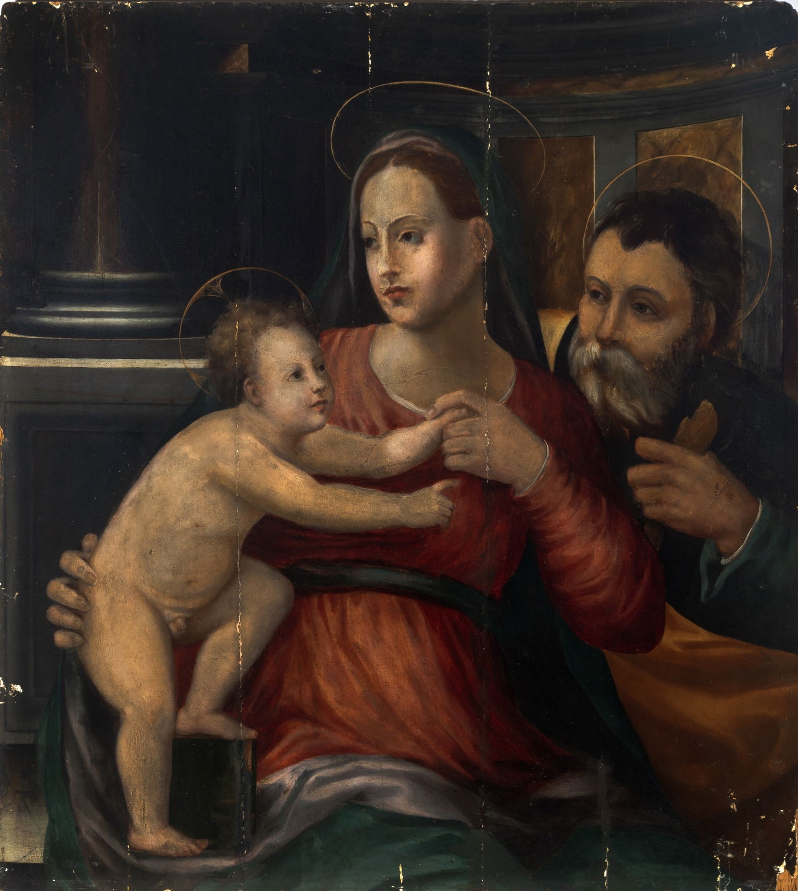 Tuscan School: Ca. 1550 The Holy Family in a Palatial InteriorOil on cradled panel40 x 36 1/4 inches (101.7 x 92.1 cm)Unframed
