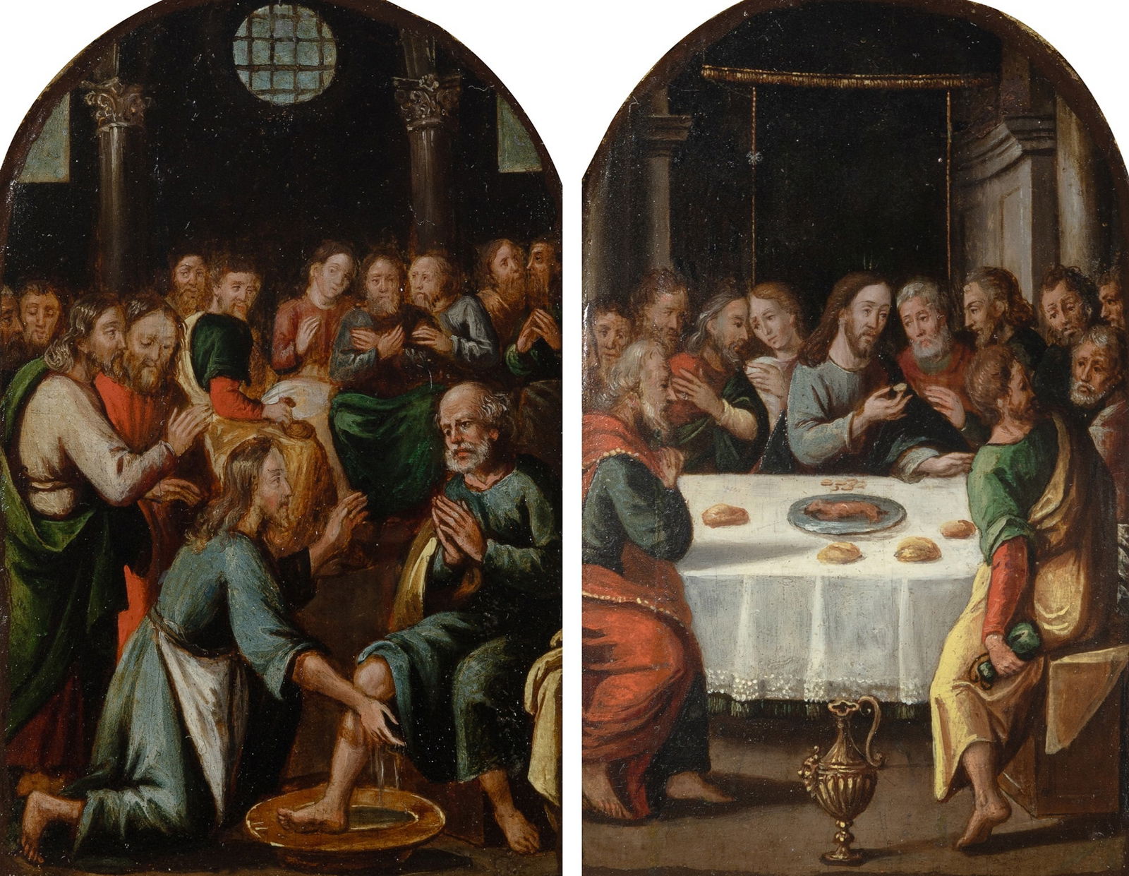 Flemish School, 16th Century: Christ Washing the Feet of his Disciples and The Last Supper: Two panels from an altarpieceEach oil on wood panel within an integral frame, with an arched topEach 7 1/8 x 5 inches (18 x 12.6 cm)Proven