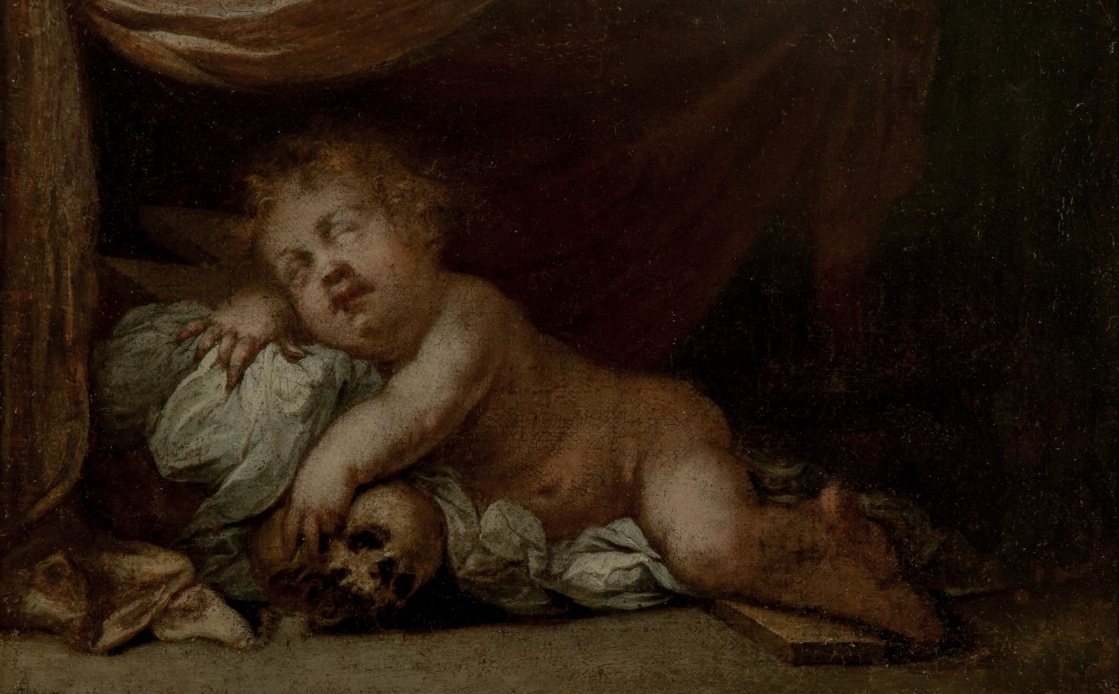 Circle of Bartolome Esteban Murillo: Sleeping Christ Child Oil on canvas 10 1/4 x 16 5/8 inches (26.7 x 42.3 cm) Frame 17 3/4 x 11 1/2 inches 45.2 x 29.3 cm) Glue relined. Touches of restoration to the body of the sleeping child and