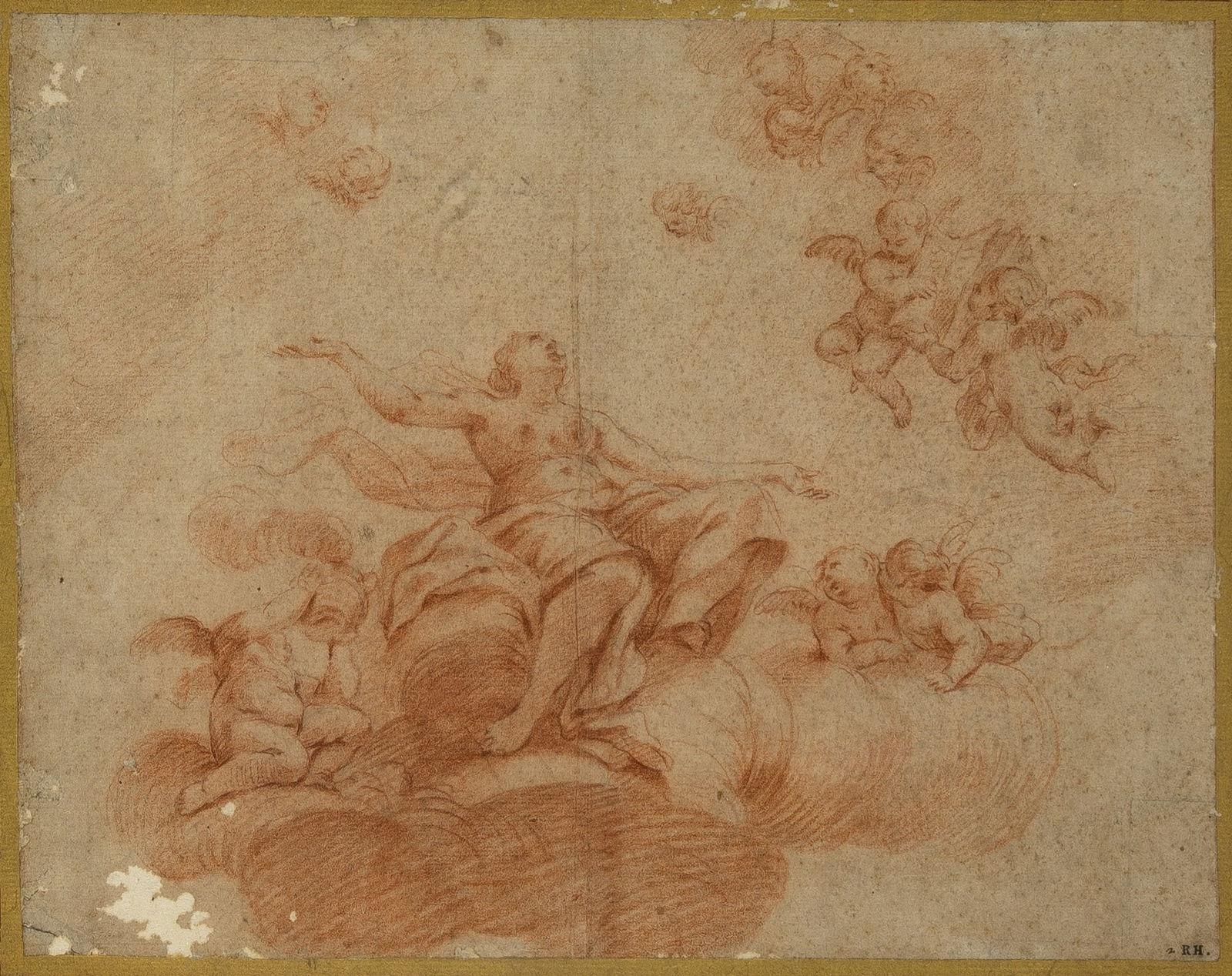 Luigi Garzi: Italian, 1638–1721 An Apotheosis of Mary Magdalene or of a Personification: A study for a ceiling painting Inscribed 2 (lr). Bears the stamped collector's mark RH. of the early 18th-century