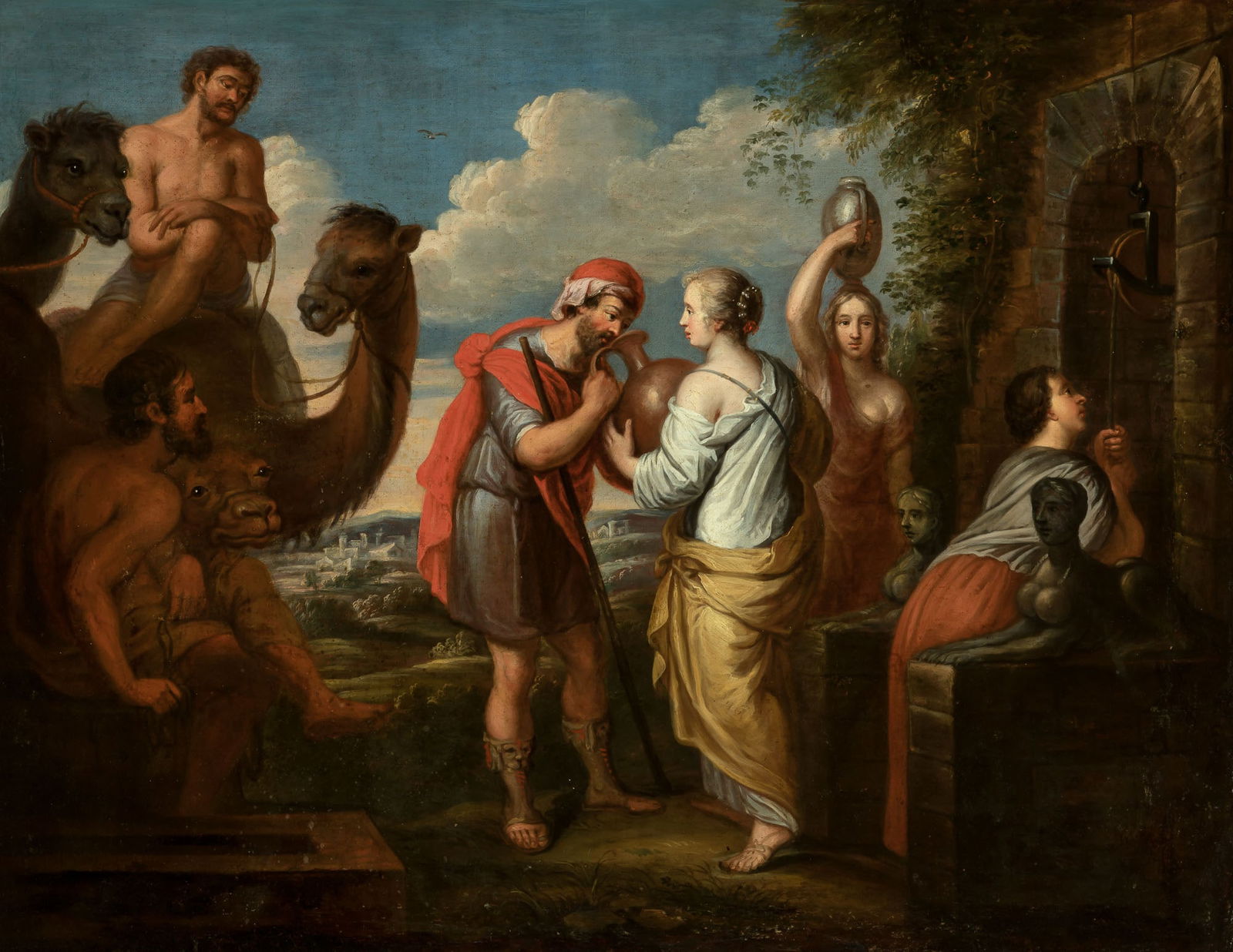Venetian School: 18th Century Rebecca at the Well Oil on canvas 32 1/4 x 41 inches (82 x 104.2 cm) Frame 36 1/4 x 45 inches (92 x 114.5 cm) Glue relined.