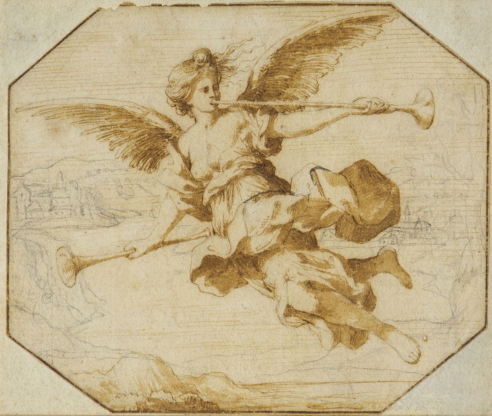 Manner of Giovanni Battista Tiepolo: An Allegory of Fame Brown ink and wash with black chalk on paper, octagonal, mounted on a separate sheet 4 7/8 x 5 3/4 inches (12.5 x 14.5 cm) Frame 12 1/4 x 13 1/8 inches (31,1 x 33.3 cm) Some
