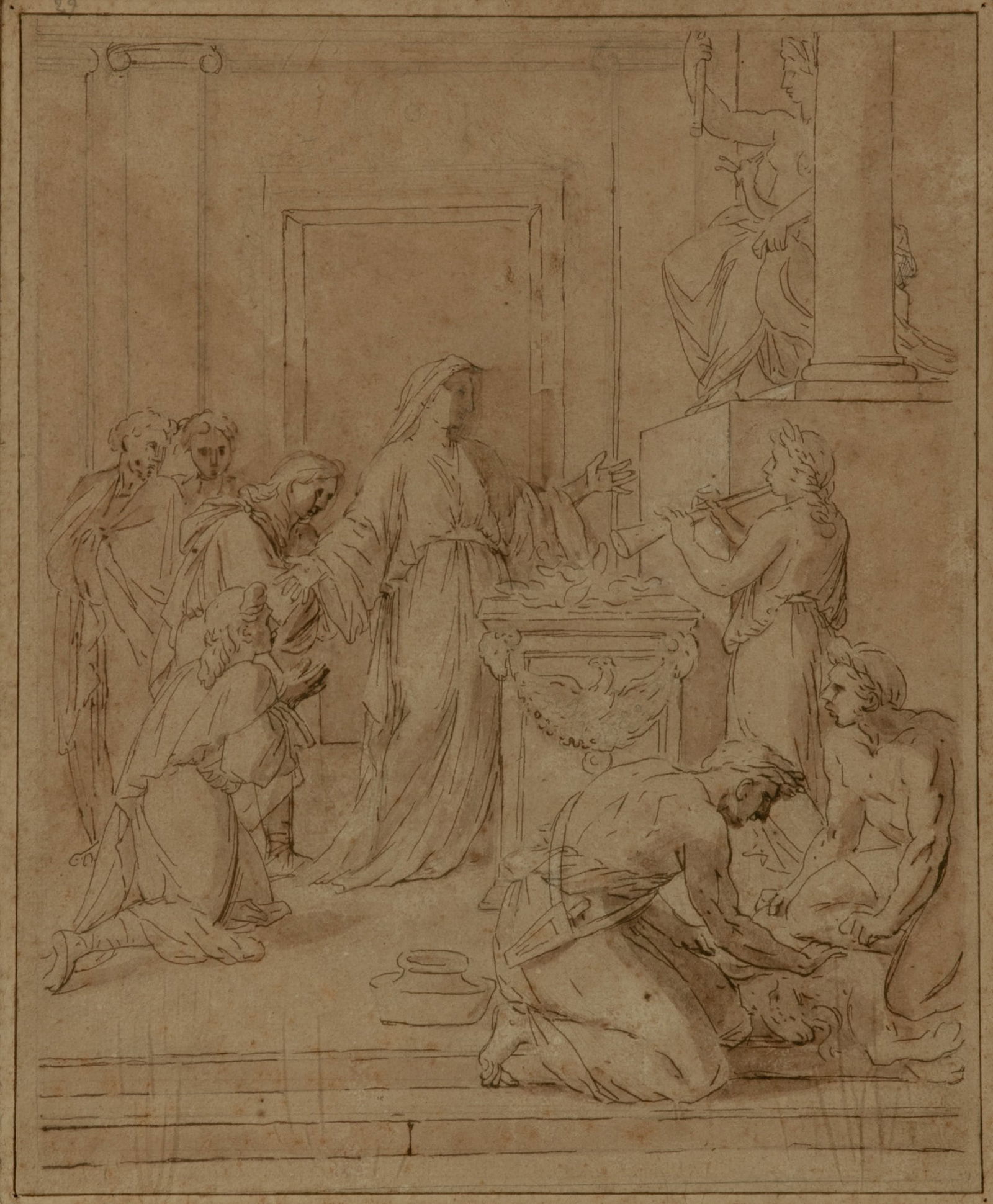 Italian School: 18th/19th CenturyAn Offering to Juno Within a ruled black ink rectangle Black and brown ink with brown wash and white on tan paperThe sheet 11 1/4 x 9 1/4 inches (28.