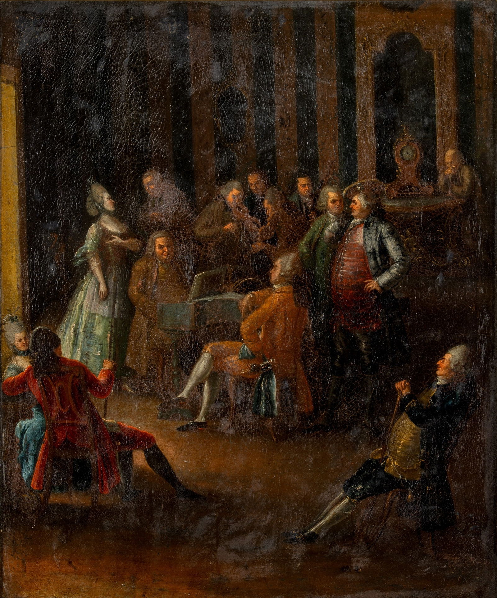 Attributed to Elias Gottlieb Haussmann: A Music Party with Johann Sebastian Bach in Attendance Oil on canvas 30 x 25 inches (76.2 x 63.3 cm) Frame 35 x 30 1/4 inches (88.9 x 76.9 cm) Glue relined. Restoration near the upper left corner.