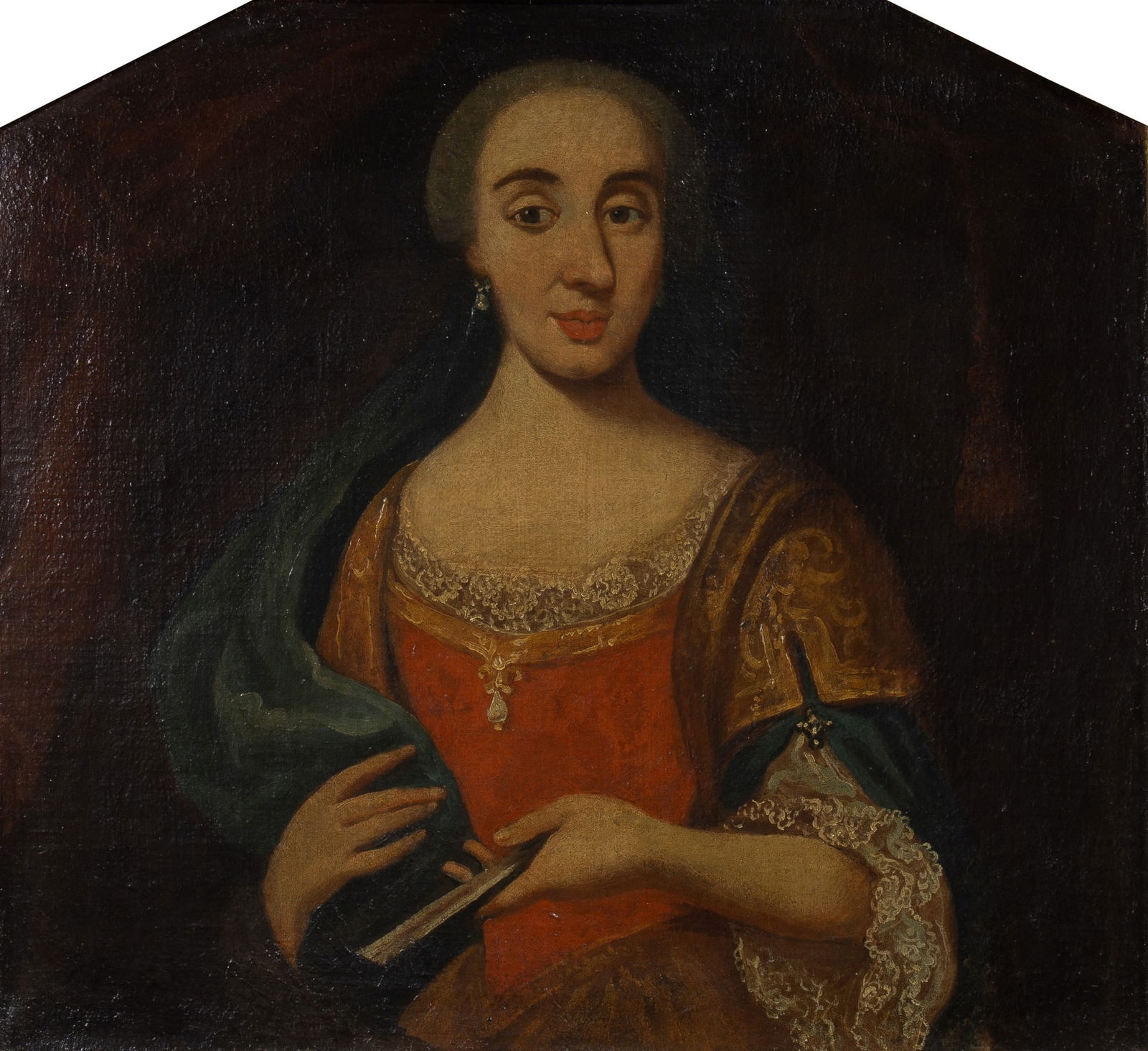 Austrian School: 18th CenturyA Lady Holding a FanOil on canvas, in a rectangular frame with a polygonal top, closed back, and conjoined base Sight 24 x 26 1/4 inches (61.2 x 66.6 cm)Frame, including the conjoined base