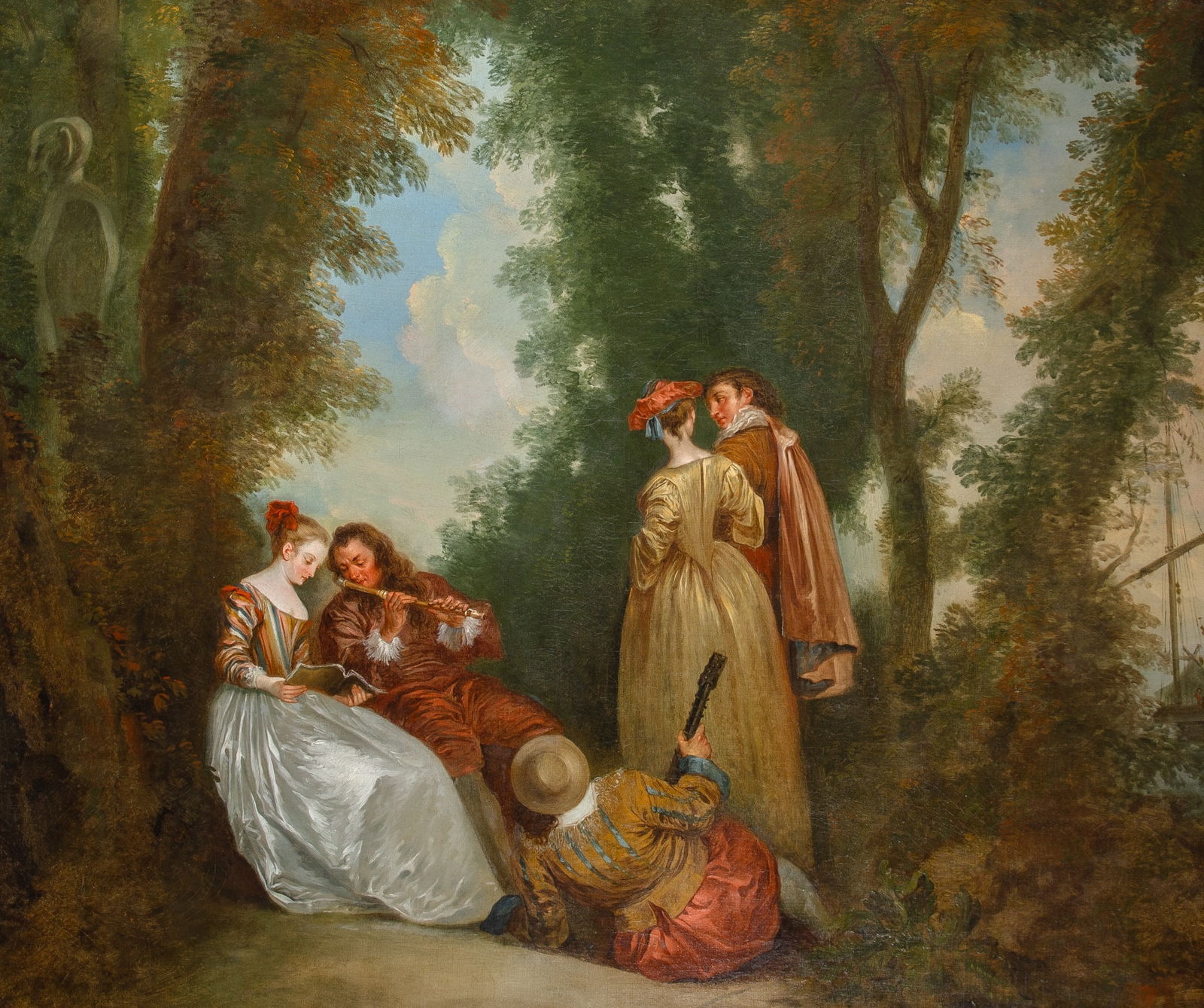 Follower of Jean-Antoine Watteau: 19th Century A Musical Party in a Wood Oil on canvas 34 3/4 x 41 1/8 inches (88.4 x 104.5 cm) Frame 46 x 52 inches (116.8 x 132 cm) Glue relined. Scattered touches of restoration in the landscape,