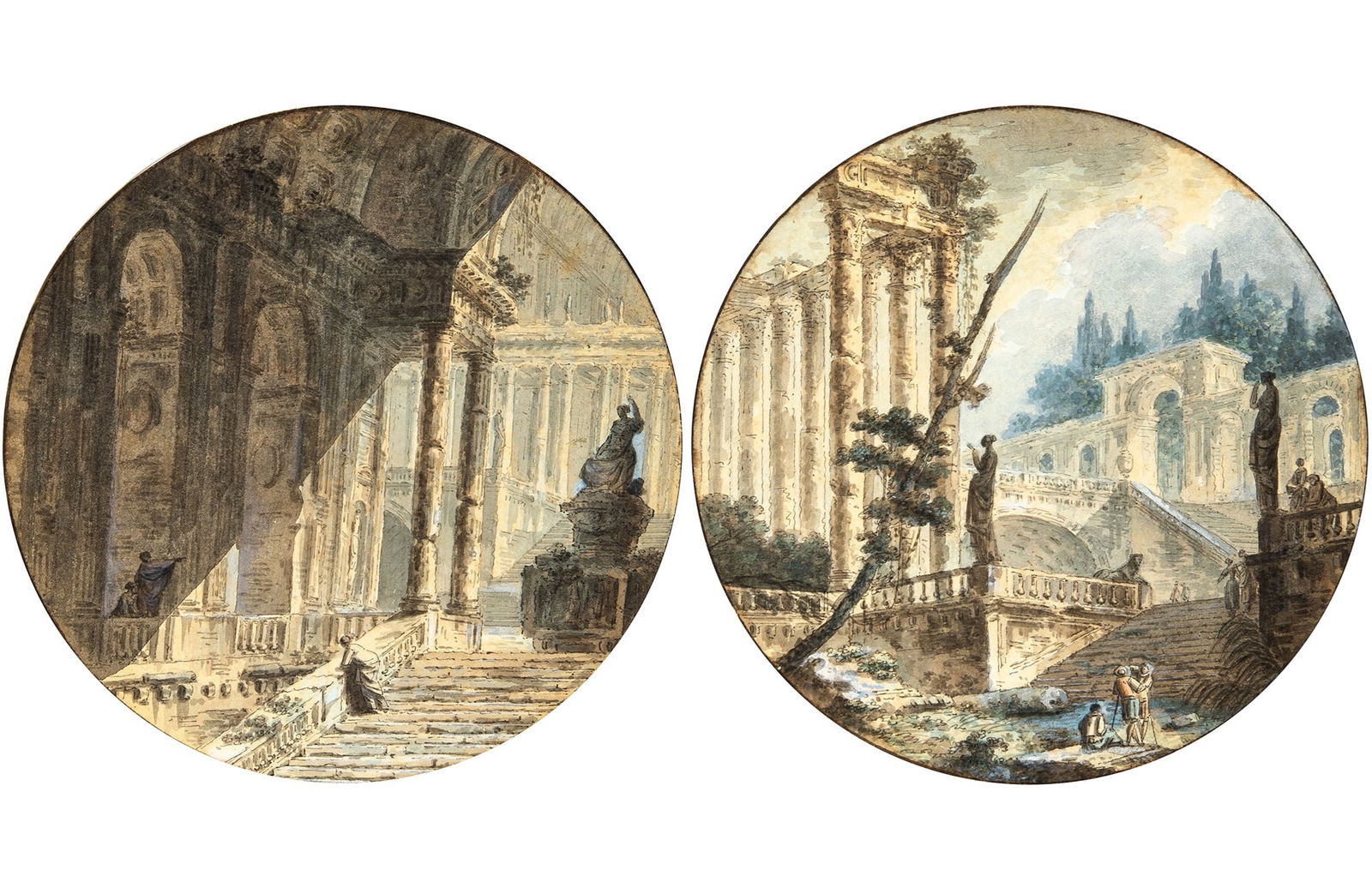 Jean-Henri-Alexandre Pernet: French, circa 1763-after 1789 Figures among Roman Ruins and other Monumental Architecture: A Pair Black ink with watercolor and gouache over graphite on white paperEach a tondo, in its original mountD
