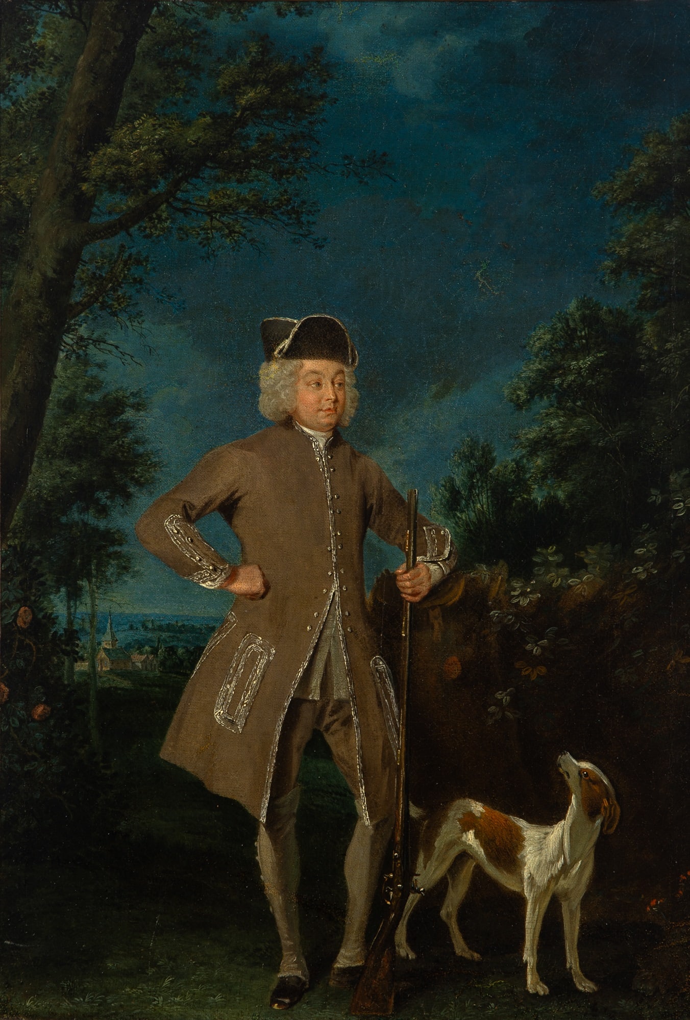 Arthur Devis: British, 1712-1787Portrait of a Sportsman Holding a Gun, with a Dog in a LandscapeOil on canvas20 1/4 x 14 inches (51.3 x 35.6 cm)Frame 23 1/4 x 16 3/4 inches (59 x 42.6 cm) Glue relned. Craquelur