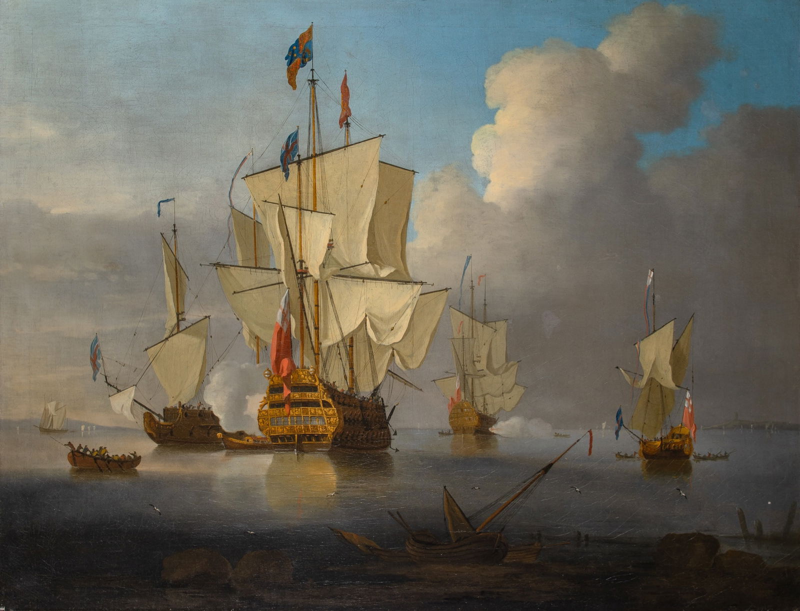 School of Peter Monamy: British Men of War at Anchor with the "Royal George" Firing a SaluteOil on canvas 41 x 53 1/2 inches (104.2 x 136 cm)Frame 49 x 60 1/2 x 3 1/2 inches (124.5 x 153. 8 x 8.9 cm)Provenance:Private collec