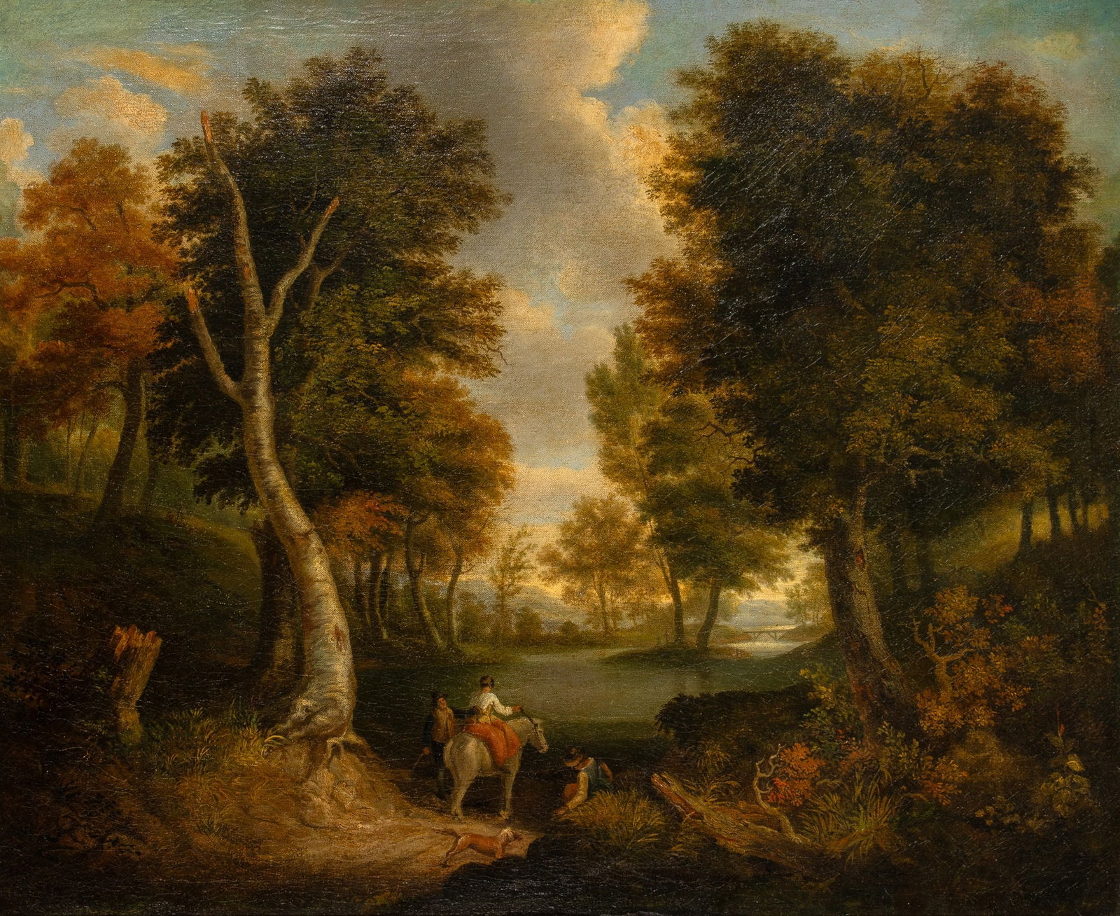 Attributed to Richard Wilson, R.A.: British, 1714-1782 A Lady on Horseback with Other Figures in a Forested Landscape Oil on canvas28 x 34 1/4 inches (71 x 87 cm)Frame 33 1/2 x 39 3/4 inches (85 x 101 cm)Provenance:Private collection, N