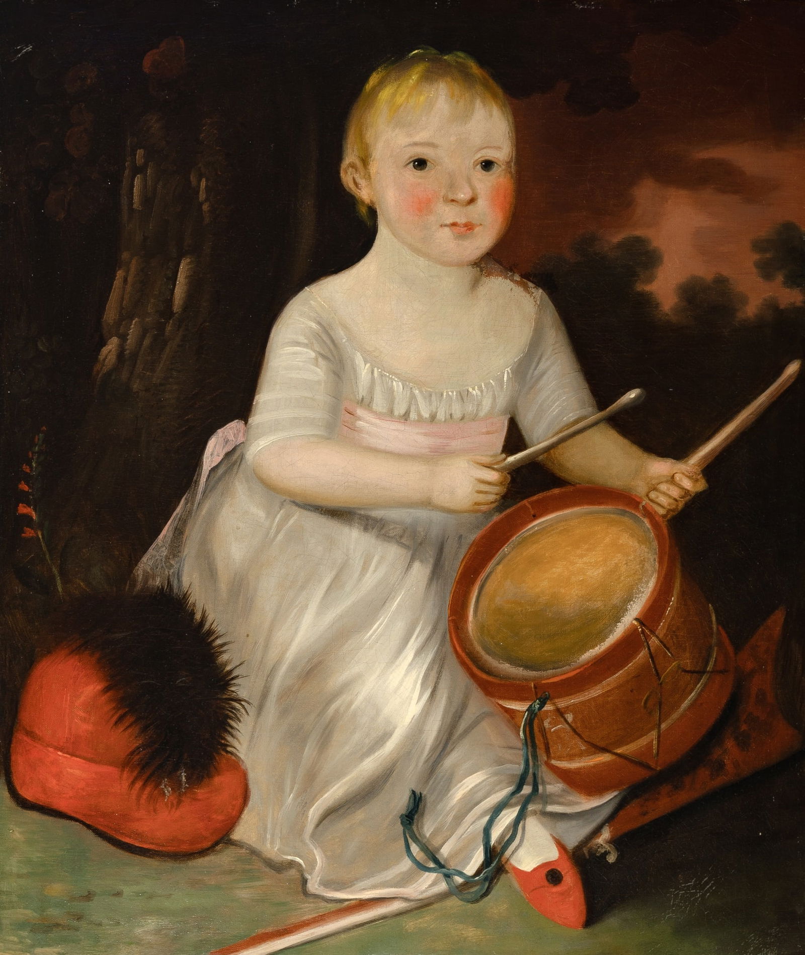 English School: 18th CenturyPortrait of a Boy with a DrumOil on canvas29 3/4 x 25 inches (75.5 x 63.5 cm)Frame 37 x 32 1/2 inches (94 x 82.5 cm) Wax relined. Restoration to the face, neck, and chest. Some contour