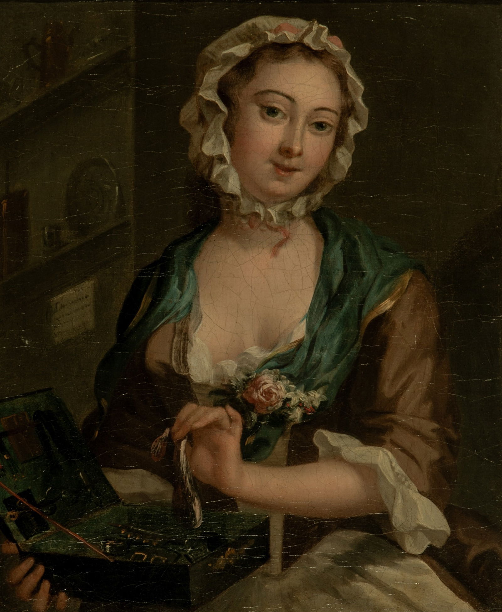 Attributed to Joseph Highmore: Portrait of Peg Woffington with a Peddler's BoxOil on canvas12 1/2 x 10 1/2 inches (31.7 x 26.4 cm)Frame 17 1/4 x 15 inches (43.7 x 38.2 cm) Glue relined. Craquelure. Visible stretcher marks. Inpaint