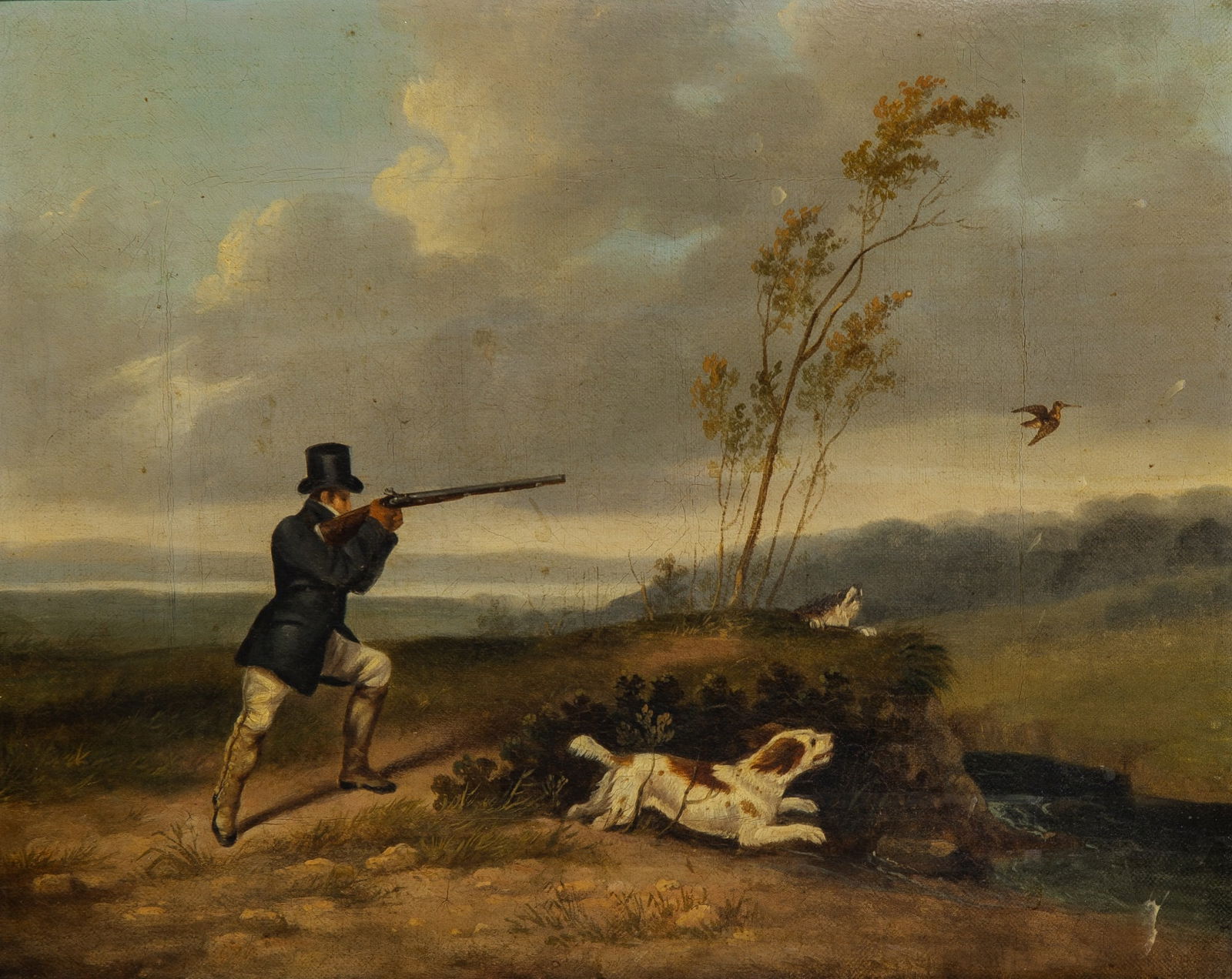 Abraham Cooper, R.A.: British, 1787-1868Snipe Shooting Oil on canvas10 1/2 x 13 inches (26.7 x 33 cm)Frame 13 1/8 x 15 5/8 inches (33.4 x 39.8 cm)Provenance: Arthur