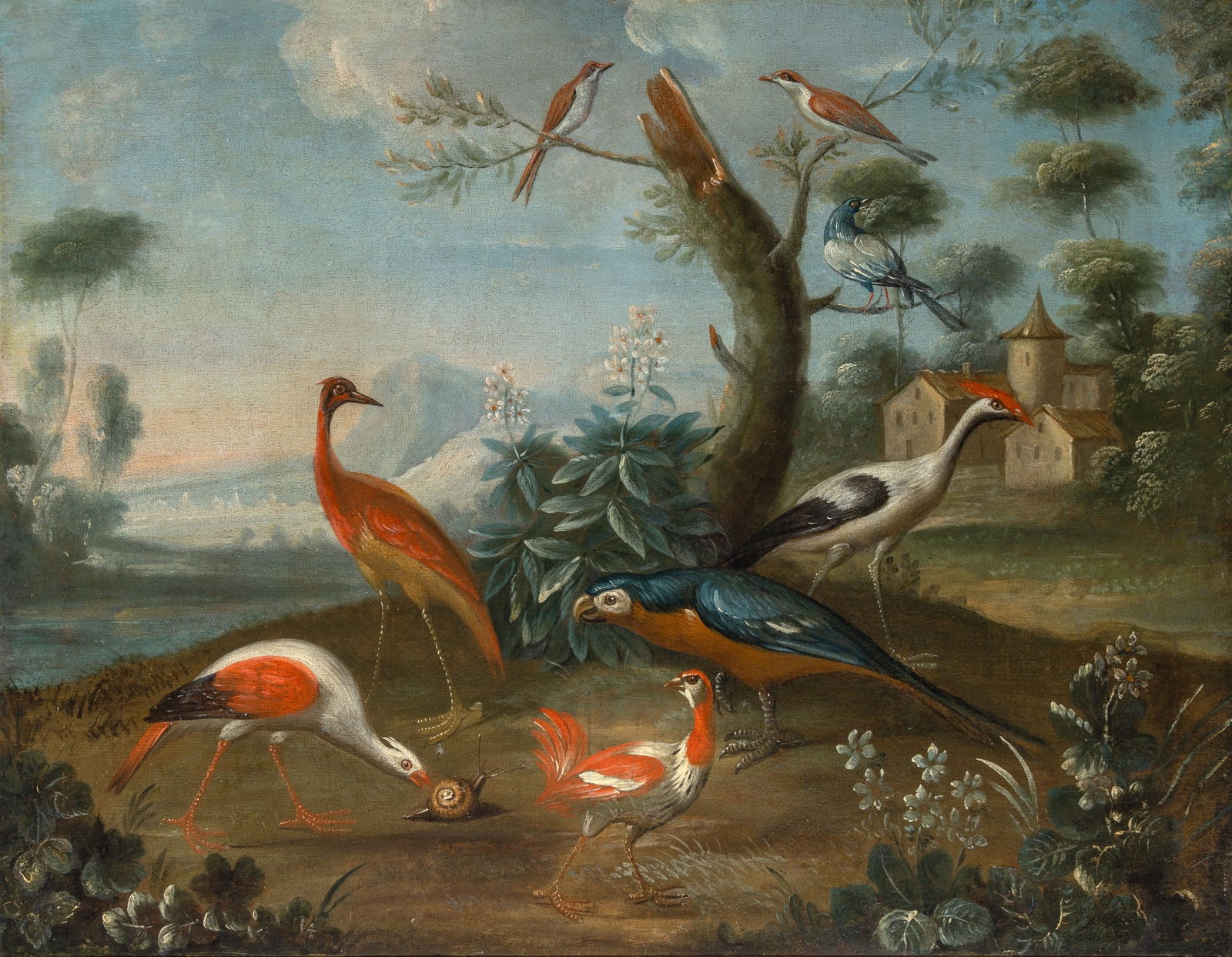Italian School: 18th-19th CenturyExotic Birds in a Landscape Oil on canvas24 1/4 x 31 1/2 inches (61.5 x 80 cm)Frame 27 1/2 x 34 1/8 inches (69.8 x 86.4 cm) Wax relined. Scattered small areas of restoration in th