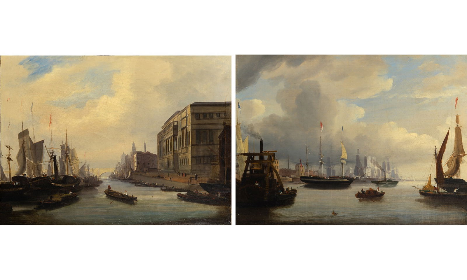 British School: 19th Century Ships in a Harbor and Ships in a Canal: Two Oil on canvas17 3/4 x 23 7/8 inche (45.1 x 60.5 cm)Frames 20 1/4 x 26 3/8 inches (51.5 x 67 cm)Provenance:Christie's New York, April 23,