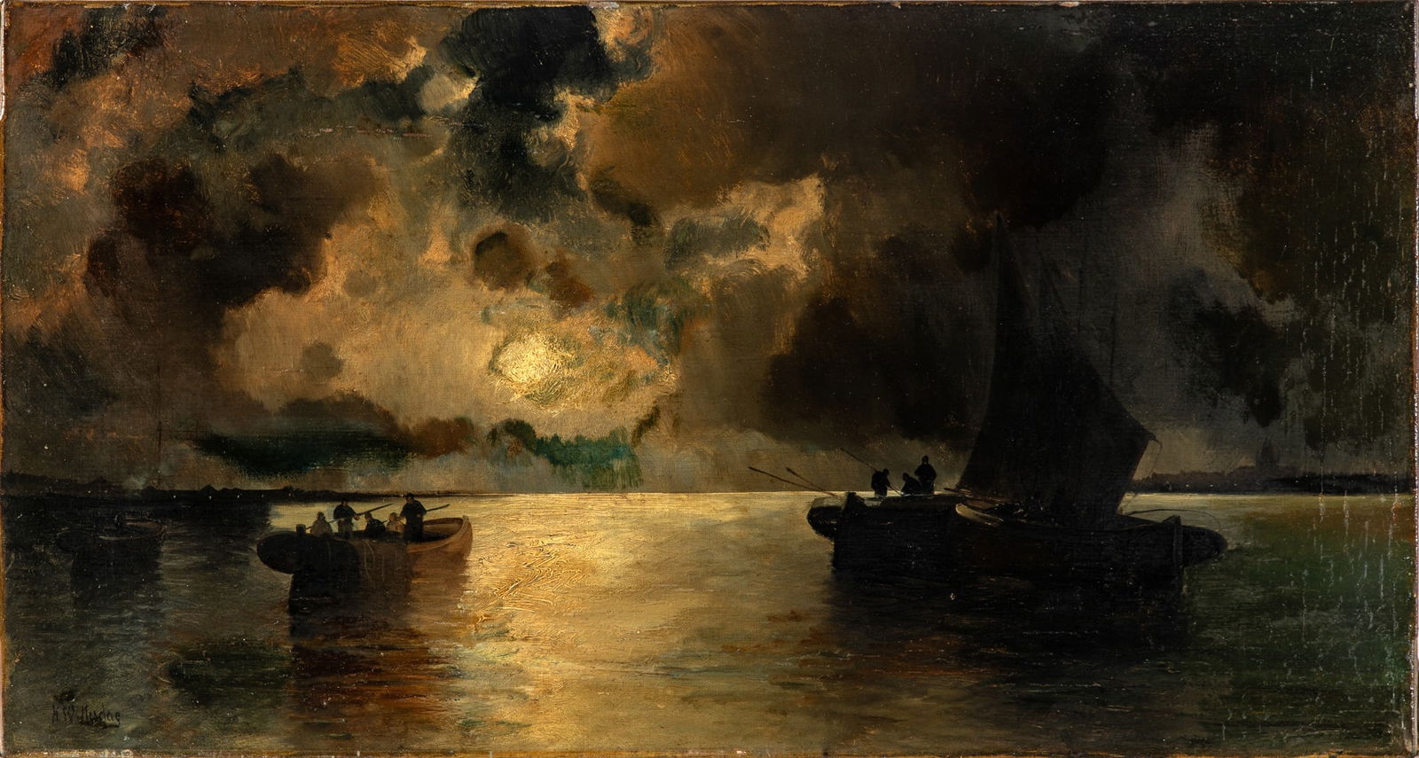 Attributed to Hendrik Willem Mesdag: Nocturnal Seascape Bears sgnature H.W. Mesdag (ll)Oil on canvas15 1/2 x 29 1/4 inches (39.3 x 74.3 cm)Frame 26 1/4 x 36 3/4 inches (66.7 x 93.5 cm) Wax relined. Scattered small touches of