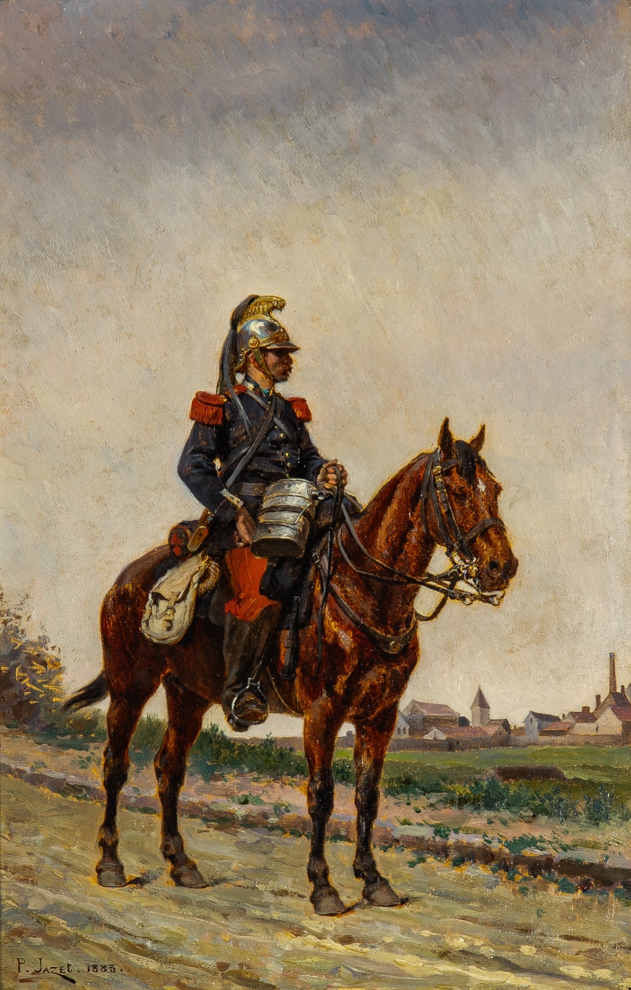 Paul-Leon Jazet: French, 1848-1918 Mounted Dragoon Signed P. Jazet and dated 1883 (lr) Oil on panel 10 3/4 x 7 1/4 inches (27.4 x 18.4 cm) Frame 12 3/4 x 9 1/4 inches (32.4 x 23.5 cm) Stable panel. Some frame