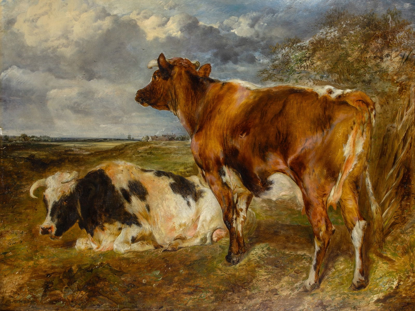Attributed to Constant Troyon: Cows in a PastureSigned C Troyon (ll)Oil on board27 x 35 inches (68.5 x 89 cm)Frame 36 1/2 x 44 3/4 inches (92.8 x 113.7 cm)Provenance: