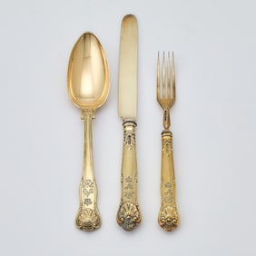 Victorian Sterling Silver Gilt "Fiddle, Thread and Shell" Pattern Part Dessert Service
