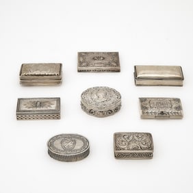 Group of Eight American and Continental Silver Snuff and Stamp Boxes