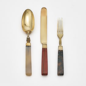 Cased English Silver Gilt Plated and Hardstone Dessert Service