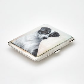Continental Silver and Enamel Novelty Cigarette Case with Dog