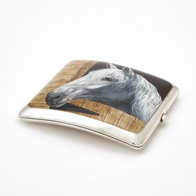 George V Sterling Silver and Enamel Novelty Equestrian Cigarette Case