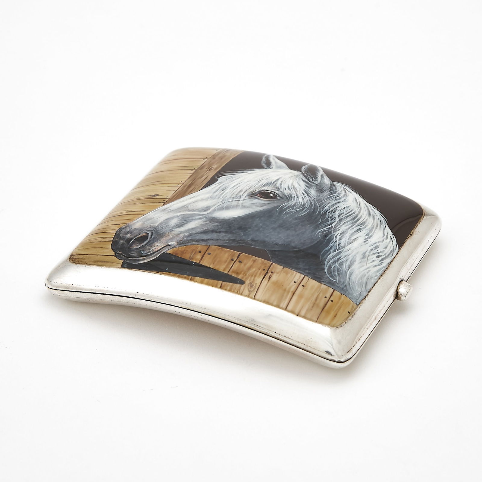 George V Sterling Silver and Enamel Novelty Equestrian Cigarette Case: Goldsmiths & Silversmiths Co., Ltd., London, 1920 The rectangular hinged cover with image of a horse. Length 3 5/8 inches (9 cm), approximately 3 ounces, all in. Generally good condition overall;