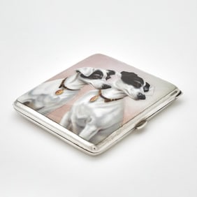 Continental Silver and Enamel Novelty Cigarette Case with Two Dogs