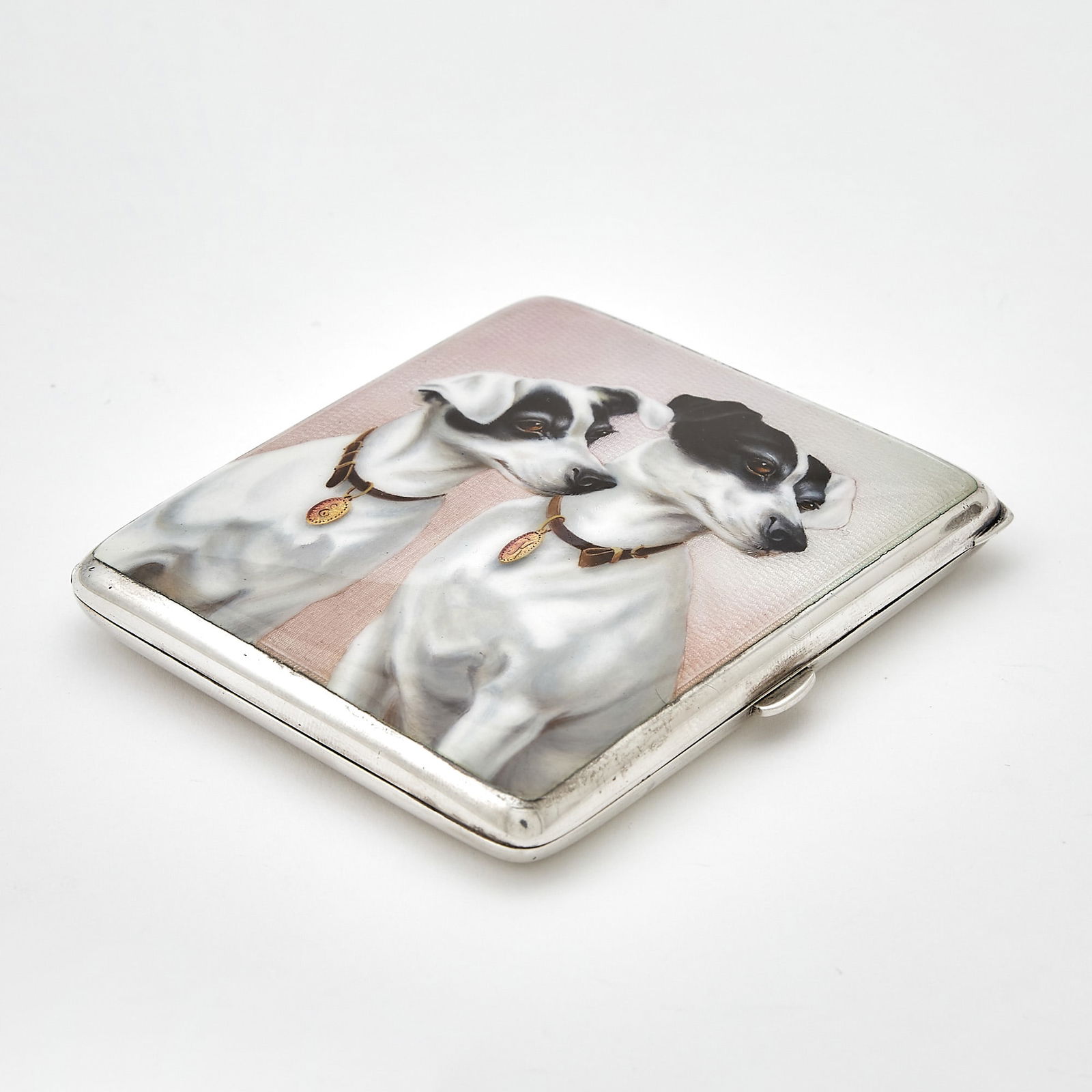Continental Silver and Enamel Novelty Cigarette Case with Two Dogs: Netherlands, 1930s The hinged rectangular cover with portrait of two dogs. Height 3 3/4 inches (9.5 cm), approximately 4 ounces. Generally good condition overall; interior with presentation inscripti