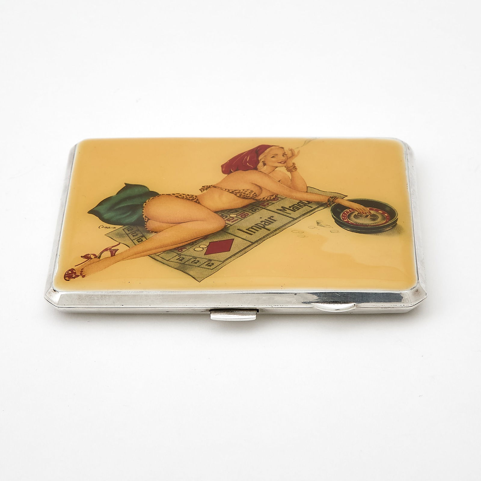 George VI Sterling Silver and Enamel Novelty "Vices" Cigarette Case: Joseph Gloster Ltd., Birmingham, 1946 The hinged rectangular cover with image of a woman emblematic of vices. Length 4 3/8 inches (11.2 cm), approximately 5 ounces, all in. Generally good condition o