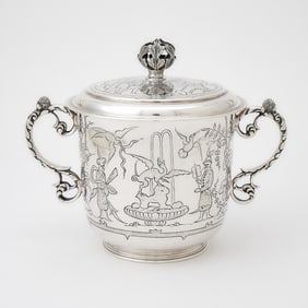 Edward VII Sterling Silver Chinoserie Decorated Covered Two Handled Cup
