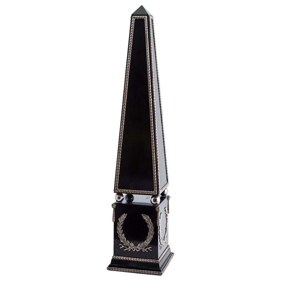 .Asprey Silver-Mounted Marble Obelisk: London, 1996 The molded square base mounted with wreaths. Height 28 inches (71.2 cm), 6 inches (15.3 cm), square.