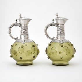 Pair of Continental Silver Mounted Green Glass Claret Jugs