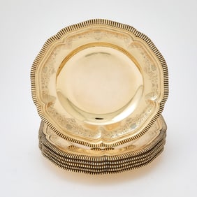 Set of Six French Silver Gilt Footed Plates