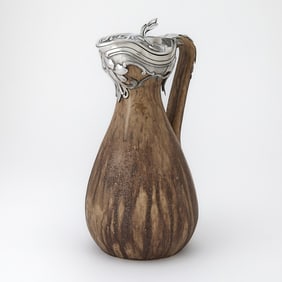 French Art Nouveau Silver Mounted Glazed Ceramic Ewer