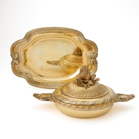 Puiforcat Silver Gilt Covered Ecuelle and Tray